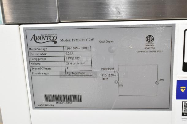 BRAND NEW Avantco 193BCFD72W bakery display case with LED lighting, 115V, 28.6 cu. ft., made in China, tags shown.