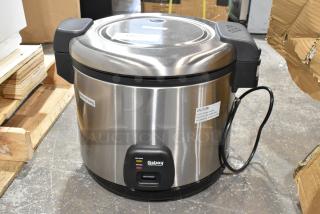 BRAND NEW SCRATCH AND DENT! 2024 Galaxy 177RCSGB60 60 Cup Electric Rice Cooker. Stainless steel, 120V, 1 Phase. Tags caution heat.