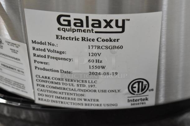 BRAND NEW Galaxy 177RCSGB60 electric rice cooker, 60 cup capacity, 120V, 1 phase. ETL certified, production date 2024-08-19.