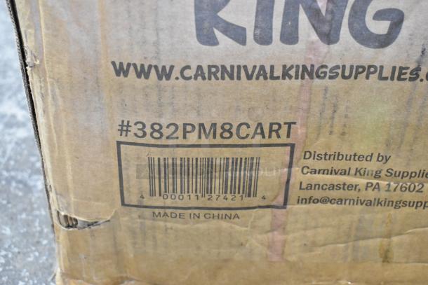 Cardboard box labeled "#382PM8CART" for Carnival King 8 oz. PM850 Popcorn Popper, scratch and dent condition. Made in China.