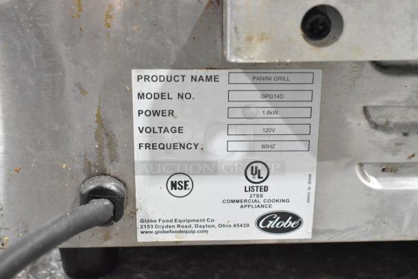 Globe GPG14D Panini Grill label shows model, 1.8kW power, 120V, 60Hz specs. Features NSF and UL certification. Scratch and dent condition.