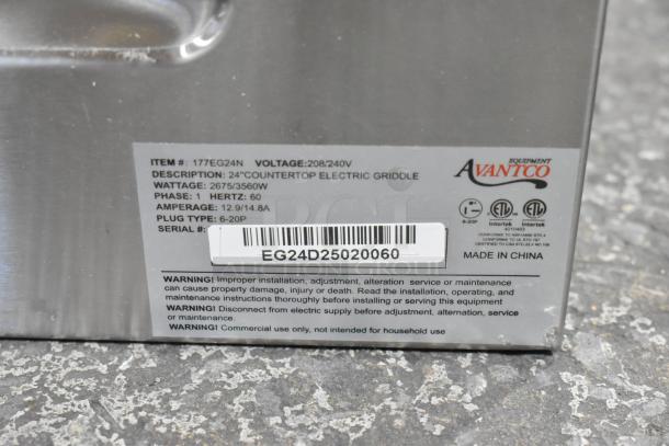 Brand new Avantco 177EG24N electric countertop griddle, 24", 208/240V, 1 phase, item info and warnings visible on label.