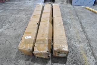 Three boxed Rize Home King Matte Black Steel Bed Bases, model J6MB66BC, 76" x 72" x 6", new with minor box damage.