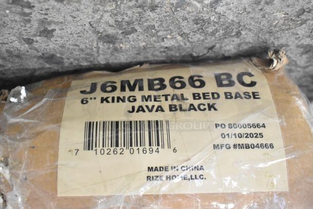Label on package for J6MB66BC 6" King Metal Bed Base, Java Black, Rize Home. Made in China, PO 80005664, MFG #MB04666.