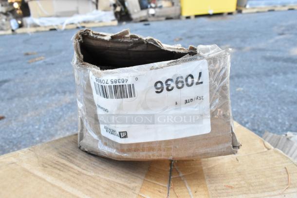 Worn cardboard box with shipping label 70936, containing auction items including a ServIt strip warmer.