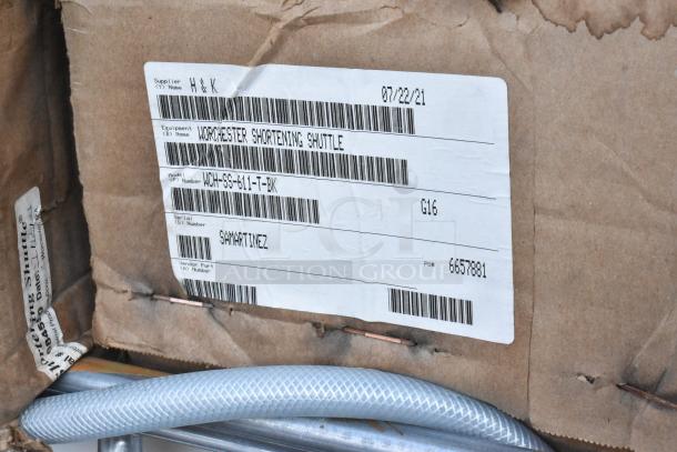 Box with label for H&K WCH-SS-611-T-BK Shortening Shuttle, shows model and serial numbers. Scratch and dent condition.