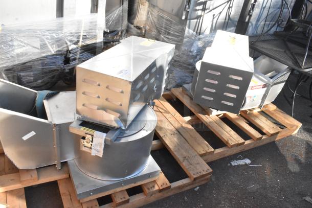 2 brand new CaptiveAire CASRE13BD metal power ventilators on pallets, labels visible, 2021 model.