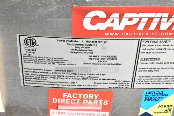 Brand new 2021 CaptiveAire CASRE13BD Metal Commercial Power Ventilator label, showing specifications and safety instructions.