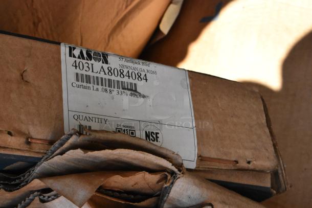 Cardboard box with Kason® label for 403LA8084084 Easimount Strip Curtain. Box contains new curtain set, NSF certified.