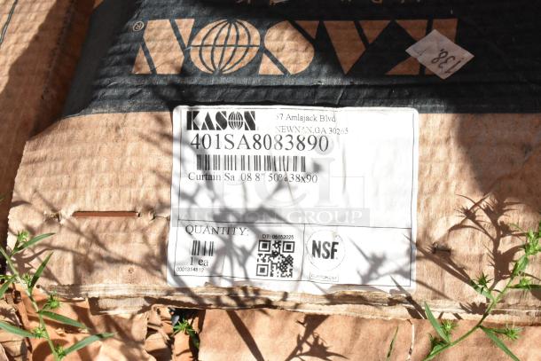 Kason 401 Easimount Strip Curtain Set label, model 401SA8083890, curtain size 8"W x 90"H for 38" door, NSF certified.