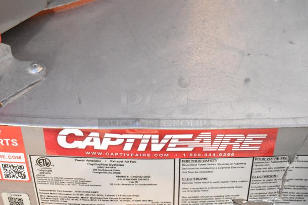 Brand new 2021 CaptiveAire CASRE13BD metal commercial power ventilator, exhaust air fan, label visible with model details.
