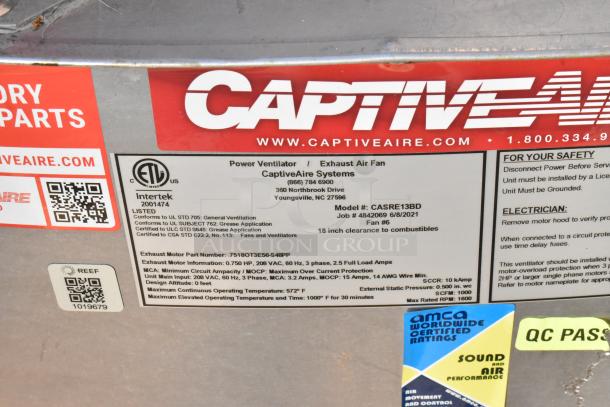 2021 CaptiveAire CASRE13BD commercial exhaust fan, new condition. Features power ventilator, safety labels, and QC pass sticker.