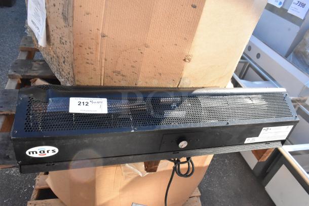 Mars LPV236-1UA-OB air curtain, low profile, 115V, 1 phase, black, with logo and control knob, on wooden pallet.