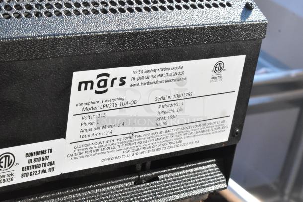 Mars LPV236-1UA-OB Air Curtain, low profile, 115V, 1 phase. Includes labels with specs and certification marks.