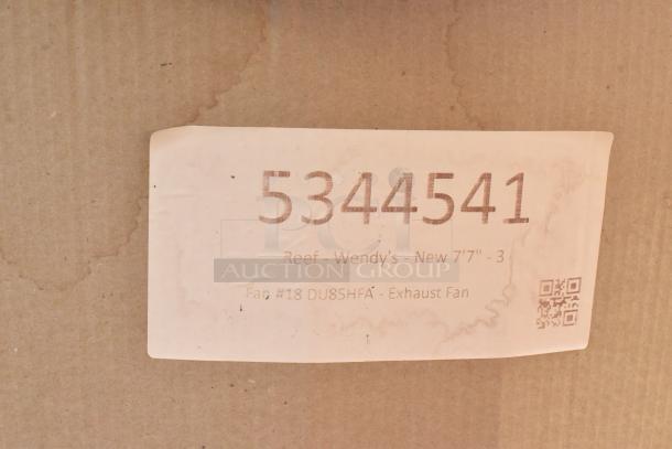 Two new CaptiveAire DMUA18FA/DU85HFA metal rooftop exhaust fans, in box. Label shows model DU85HFA, for exhaust use.