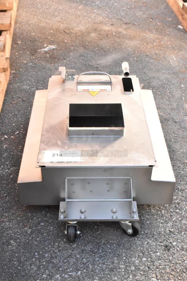 Metal commercial grease trap with handle and casters, used condition, label indicating item number 214.