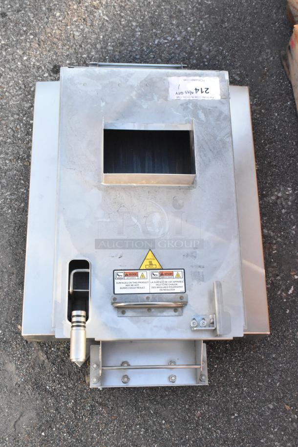 Metal commercial grease trap with stainless steel construction. Features warning labels and an outlet valve. Appears in good condition.