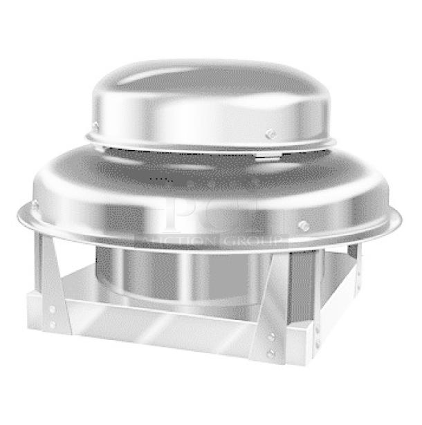 Brand new CaptiveAire DMUA18FA metal rooftop exhaust mushroom fan in box, shiny finish, ideal for industrial ventilation.