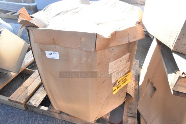 New CaptiveAire DMUA18FA metal rooftop exhaust mushroom fan in original box on a pallet. Labels indicate item number 4834251.