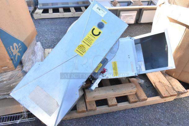 Brand new 2021 CaptiveAire CASRE13BD metal commercial power ventilator, shown on pallet, featuring yellow safety labels.