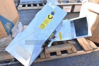 Brand new 2021 CaptiveAire CASRE13BD metal commercial power ventilator, shown on pallet, featuring yellow safety labels.