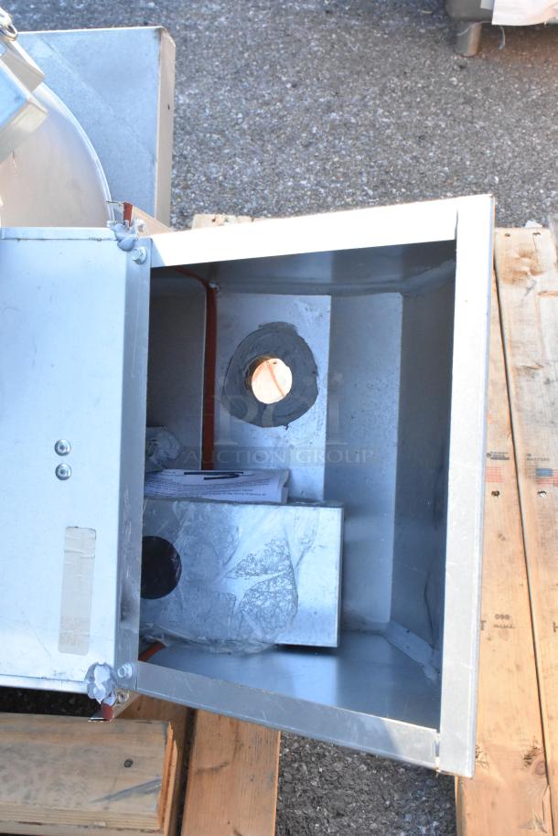 Brand new 2021 CaptiveAire CASRE13BD metal commercial power ventilator, visible duct openings, pristine condition.
