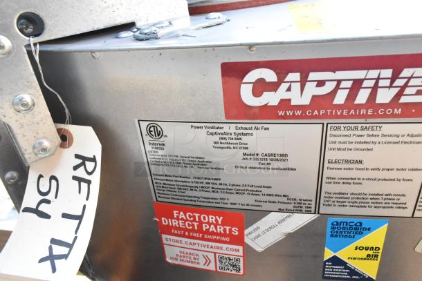 BRAND NEW 2021 CaptiveAire CASRE13BD metal commercial power ventilator with ETL label, factory direct parts tag, and safety instructions.