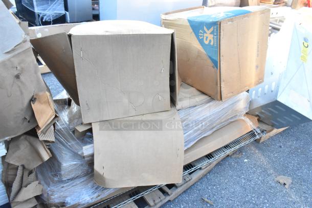 7 brand new items in boxes, including a Saber King 980-00 frame assembly and John Boos ABPR-1820-3KD bun pan rack.