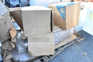 7 brand new items in boxes, including a Saber King 980-00 frame assembly and John Boos ABPR-1820-3KD bun pan rack.