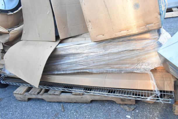 7 brand new items including Saber King 980-00 frame, John Boos ABPR-1820-3KD pan rack, wire shelf; sealed in wrap.