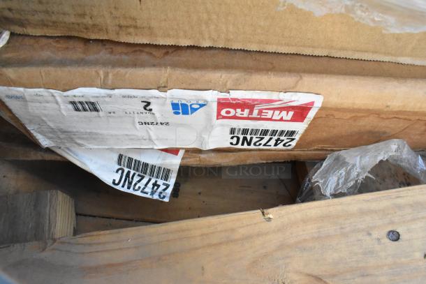 Cardboard box with shipping labels, including Metabo branding, part of 7 brand new items including Saber King and John Boos products.