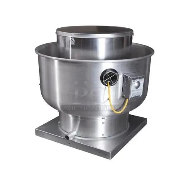 Brand new CaptiveAire DU85HFA metal rooftop mushroom exhaust fan, stainless steel, commercial use, in original packaging.
