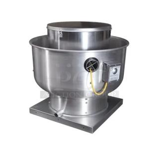 Brand new CaptiveAire DU85HFA metal rooftop mushroom exhaust fan, stainless steel, commercial use, in original packaging.