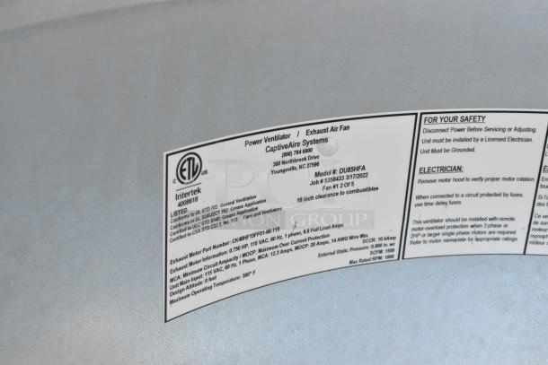 BRAND NEW CaptiveAire DU85HFA Commercial Rooftop Mushroom Exhaust Fan; ETL listed, 18-inch clearance, safety instructions visible.
