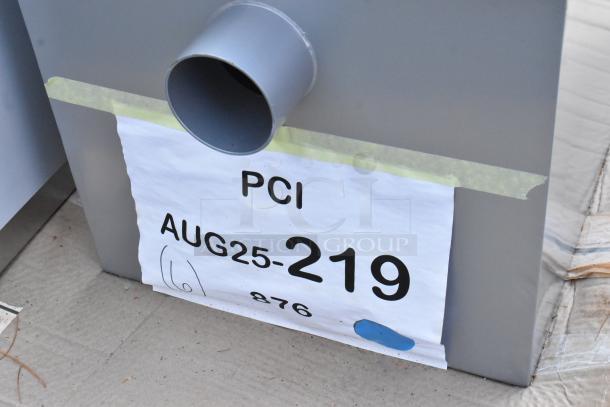 5 new scratch and dent items, including Regency mop sink and grease trap. Tag reads PCI AUG25-219.