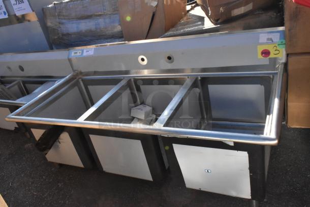 Brand new Regency 600S31824 stainless steel three-compartment sink with two drainboards, 94", minimal scratches.