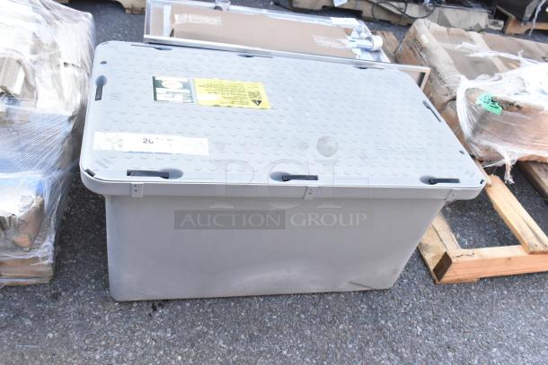 Brand new Endura 3925XTA02 grease trap, scratch and dent, 50 lb., 25 GPM, 2" hub, visible labels and minor dents.