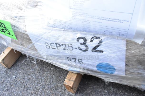 Palette containing brand new Scratch and Dent items, including a Regency double aluminum swinging traffic door with a 9" x 14" window and a 24" x 48" stainless steel work table with a backsplash. Wrapped and labeled with "SEP25-32" and shipping instructions.