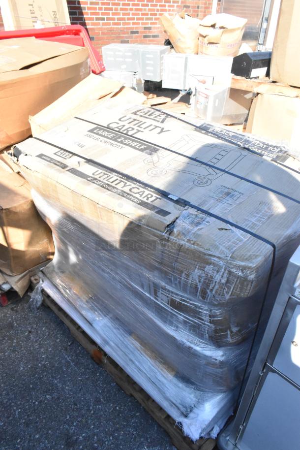 5 new Lavex utility carts in packaging. Large 2-shelf, flat top, tool compartment, and oversized wheels. Scratch and dent condition.