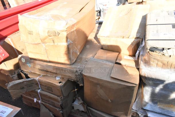 Stack of damaged boxes containing new items: Lavex trash can dolly, Regency work table, wire shelf, Flash chair.