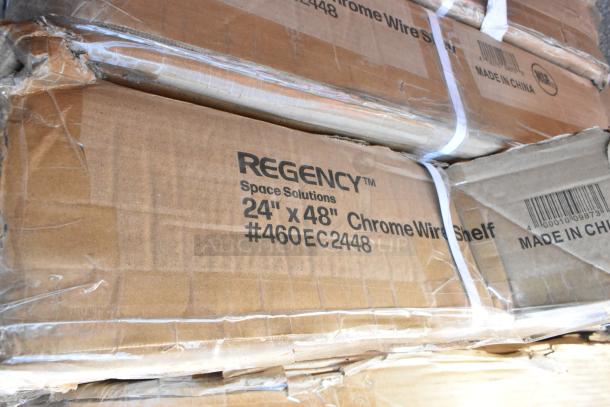 Box of Regency 24" x 48" Chrome Wire Shelf #460EC2448 in original packaging with visible wear, labeled NSF, Made in China.