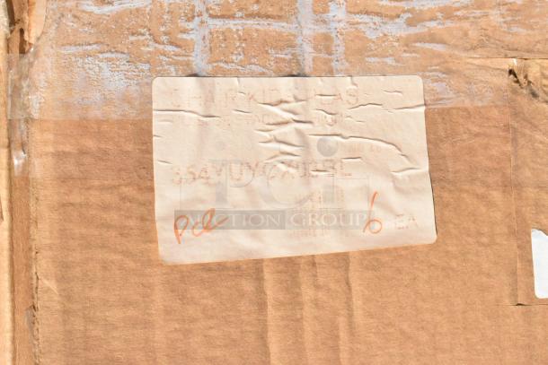 Brown cardboard box with a label showing "354YUYCX03BL" and handwritten markings "6 EA". Possible industrial contents.