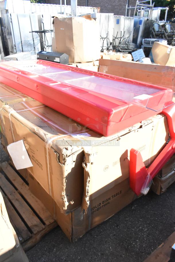 Auction items include Regency 16 Gauge Dish Tables and Cambro Red Buffet with Sneeze Guard, new condition, in packaging.
