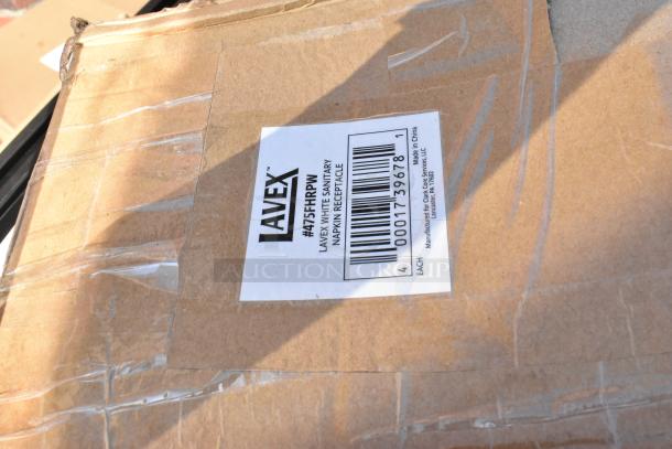 Label on Lavex sanitary napkin receptacle box with product code 475FHRPW, indicating new condition.