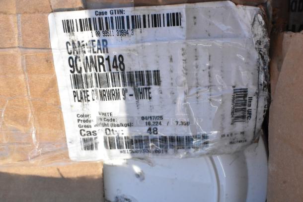 Label on cardboard box for Cambro 9CWNR148 Camwear 9" white plates, case of 48, with barcode and product details.