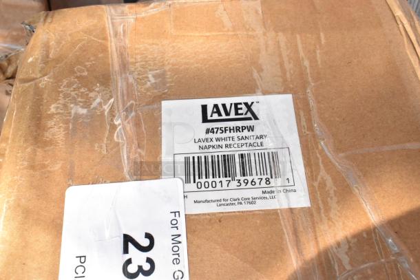 Box labeled Lavex #475FHRPW, White Sanitary Napkin Receptacle, barcode visible, scratch and dent condition.