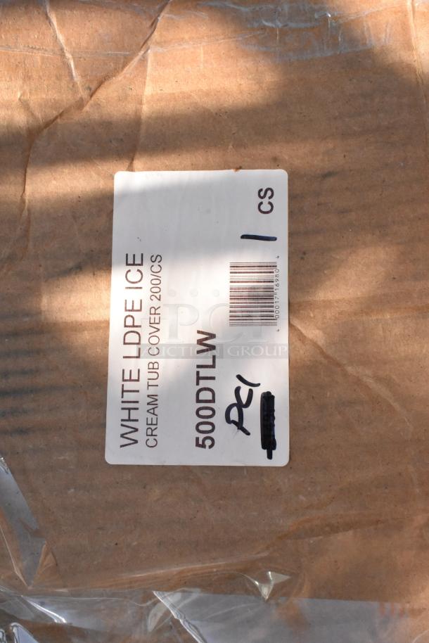 Label on cardboard box showing "White LDPE Ice Cream Tub Cover 200/CS" with code "500DTLW."