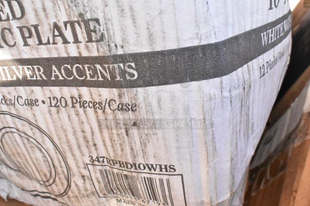Close-up of a cardboard box with markings for a case of plastic plates, featuring silver accents and barcode. Box shows slight wear.