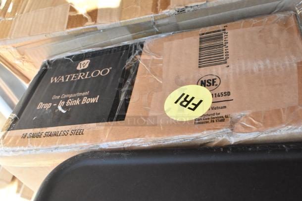 Box labeled "WATERLOO 10"x14"x5" 18 Gauge Stainless Steel One Compartment Drop-In Sink," with NSF certification mark.