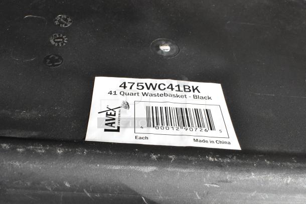 Lavex 475WC41BK black 41-quart wastebasket. Label shows barcode and "Made in China." Condition: New scratch and dent.